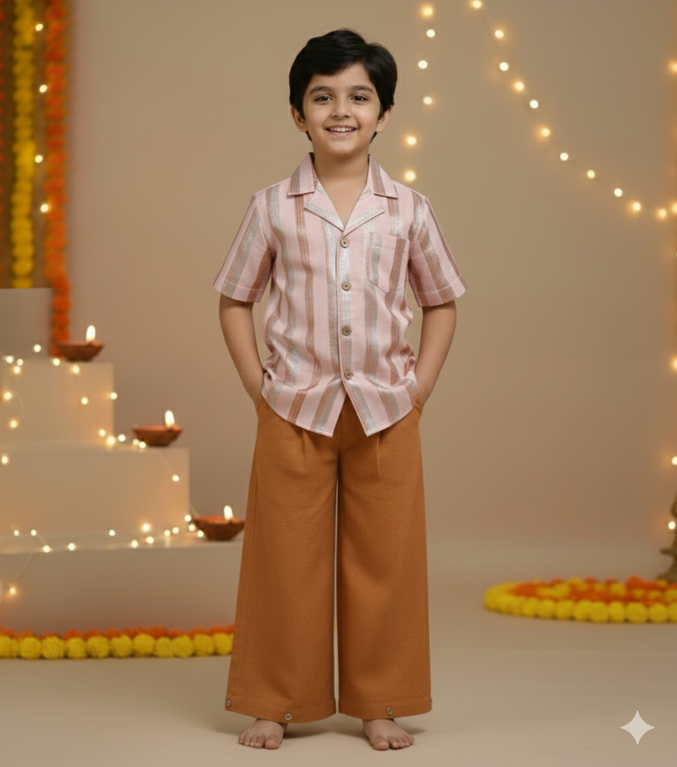 Baby Pink Multi Color Lurex Boys Shirt & Pants set