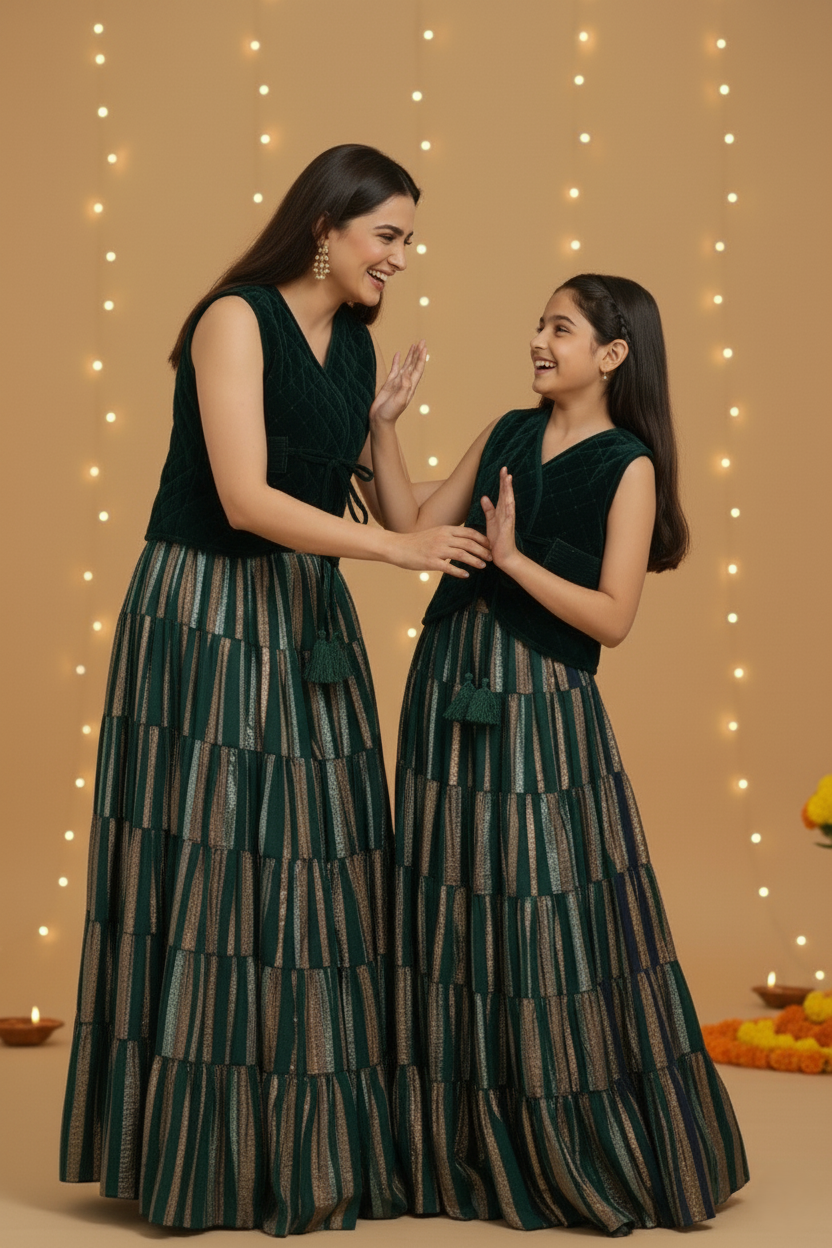 Quilted Velvet Waistcoat, Gathered Skirt & Belt Set - Bottle Green