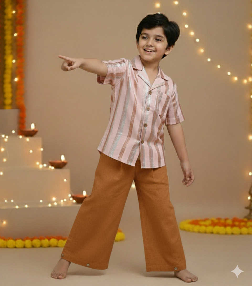 Baby Pink Multi Color Lurex Boys Shirt & Pants set