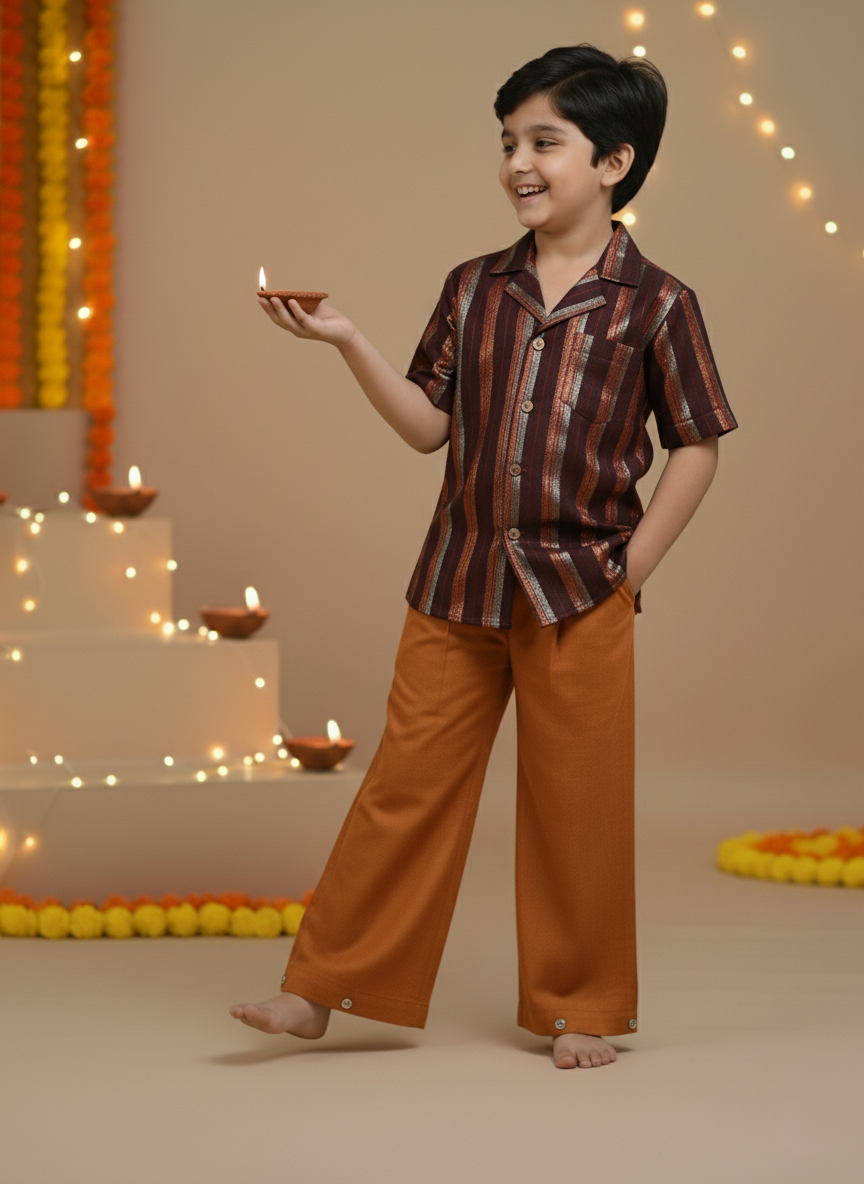 Burgundy  Multi Color Lurex Boys Shirt & Pants set