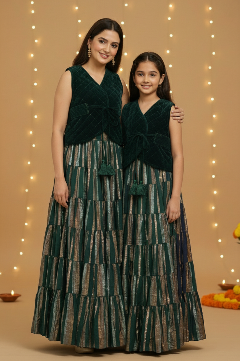 Quilted Velvet Waistcoat, Gathered Skirt & Belt Set - Bottle Green