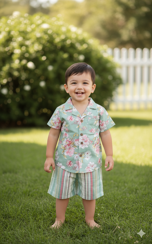 Unisex Kids' Green Floral Print Cotton Shirt & Striped Shorts Set