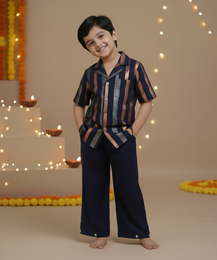 Navy Multi Color Lurex Boys Shirt & Pants set