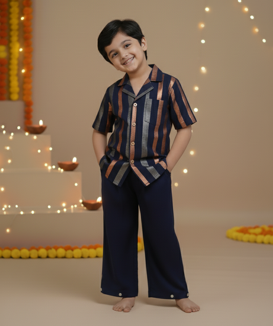 Navy Multi Color Lurex Boys Shirt & Pants set