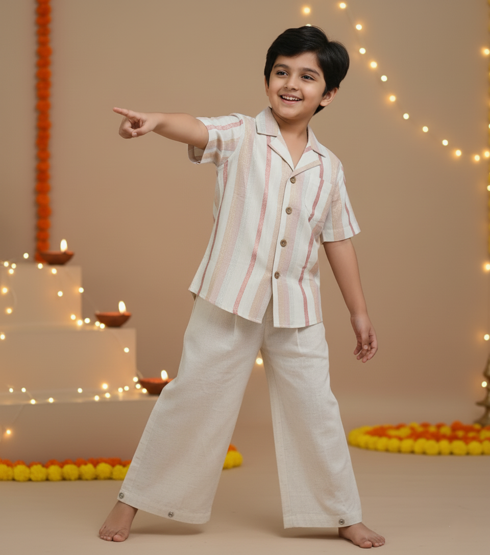 Off-White Multi Color Lurex Boys Shirt & Pants set