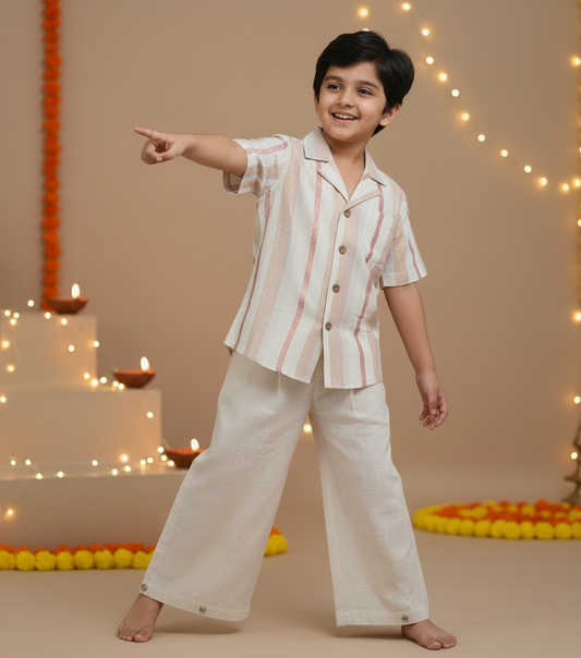 Off-White Multi Color Lurex Boys Shirt & Pants set