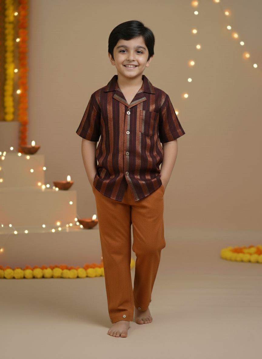 Burgundy  Multi Color Lurex Boys Shirt & Pants set