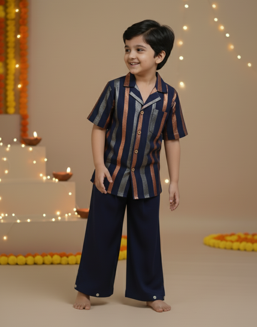 Navy Multi Color Lurex Boys Shirt & Pants set