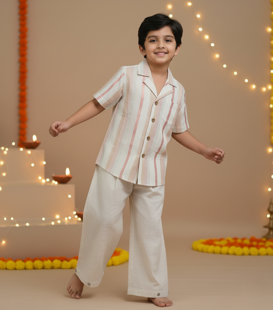 Off-White Multi Color Lurex Boys Shirt & Pants set