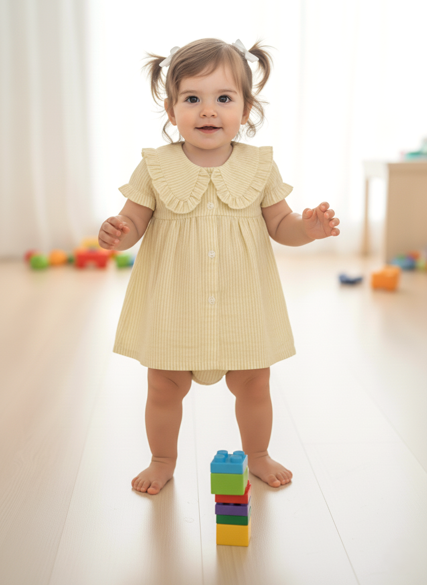 Stripe Dress with Collar Soft Yellow — Cotton Girls Dress | Infant to Tween 0-13 Years