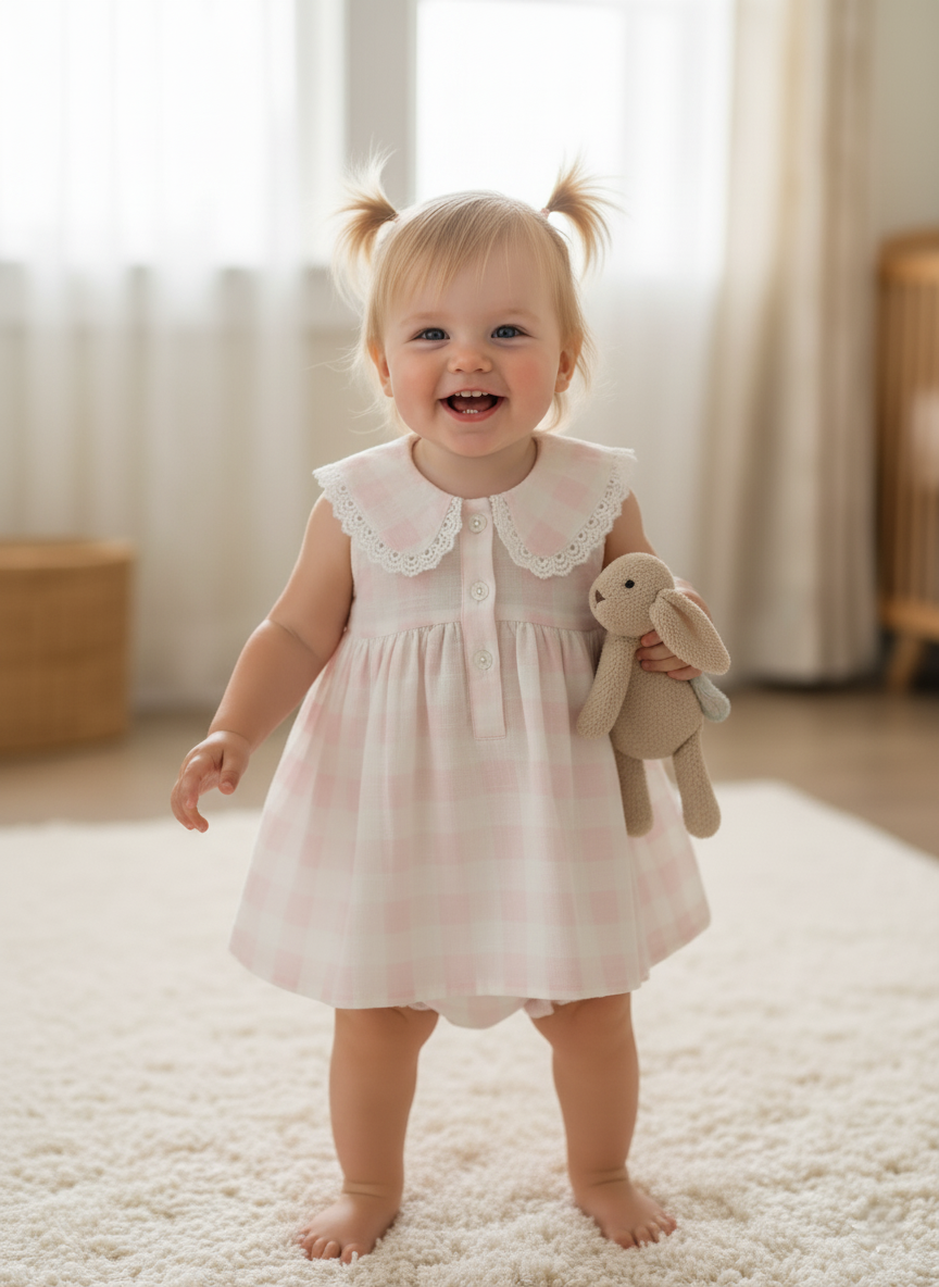 Oversized Collars Check Dress Soft Pink — Cotton Girls Dress | Infant to Tween 0-13 Years