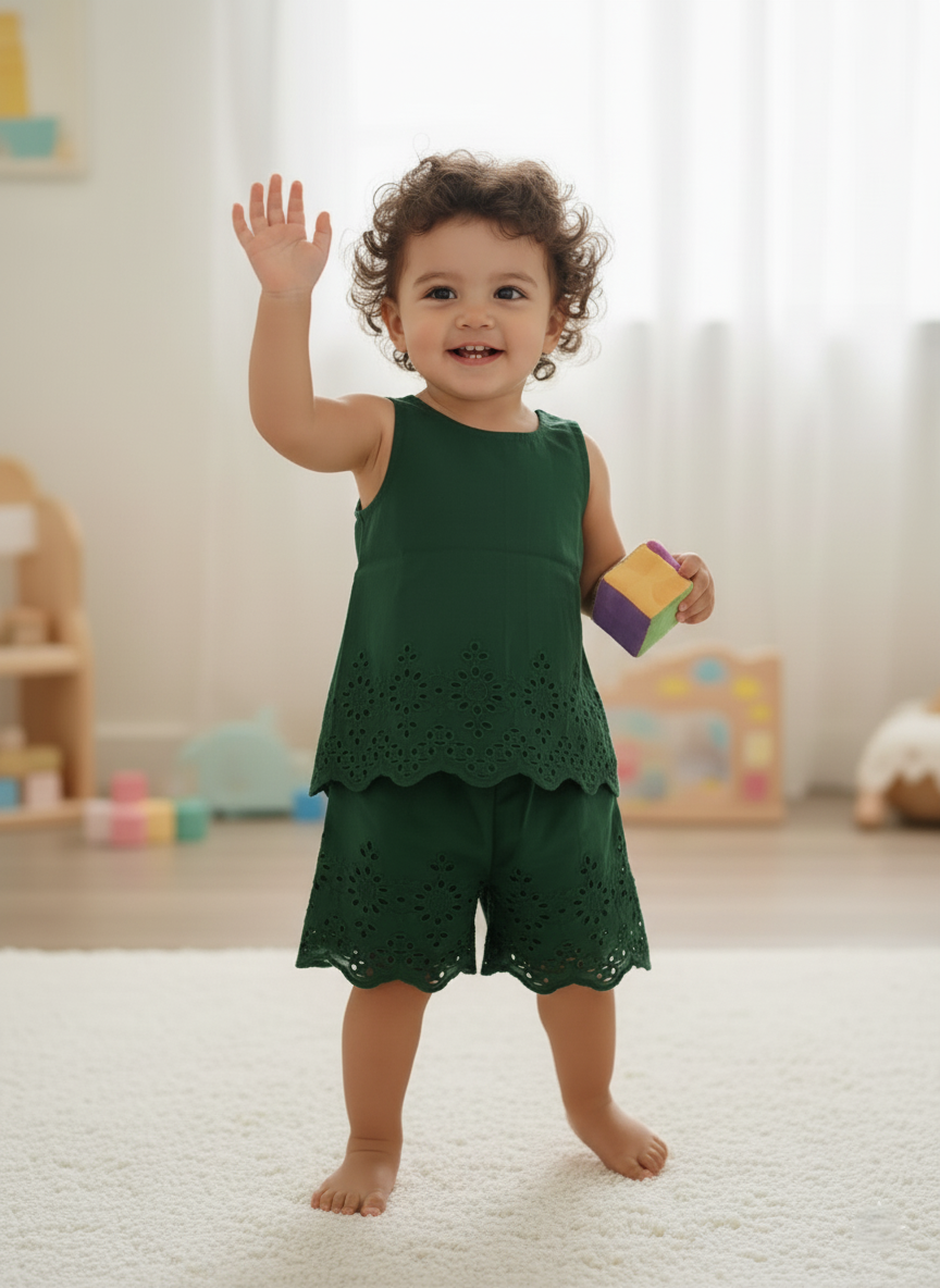 June Shorts and Top Set Forest Green — Cotton Girls Co-Ord | Infant to Tween 0-13 Years