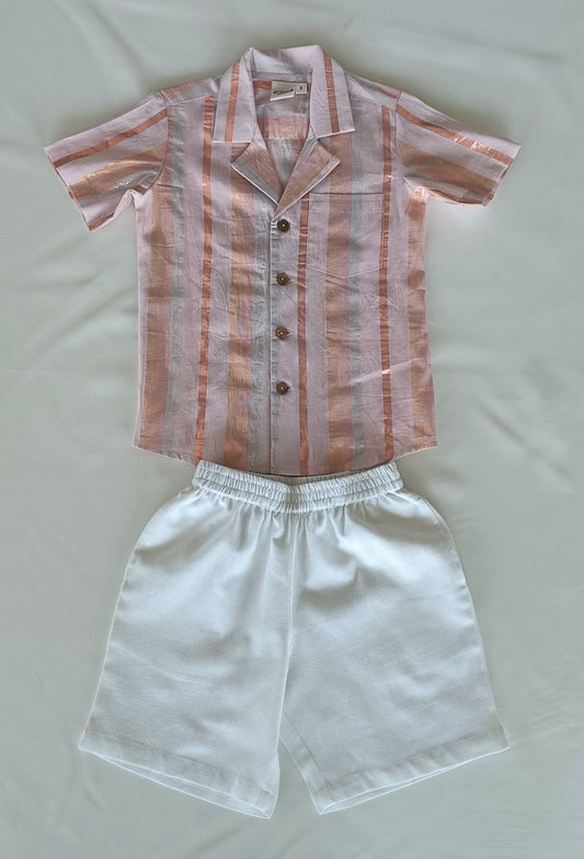 Baby Pink Multi Color Lurex Boys Shirt & White Shorts set BOYS SHIRT AND SHORTS Yo Baby India