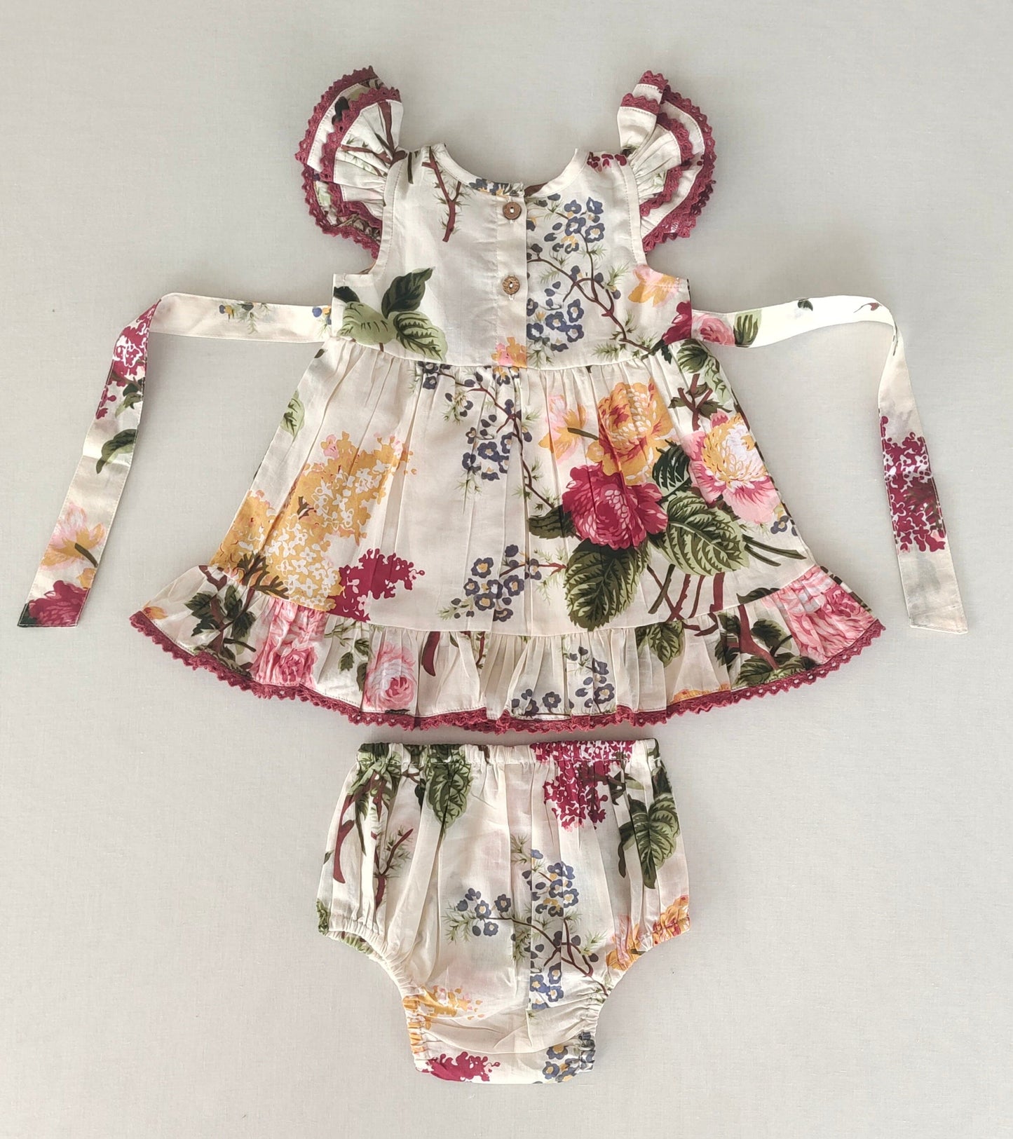 Beige Floral Dress with Lace Details for Kids and Infants DRERSdress & diaper cover Yo Baby India