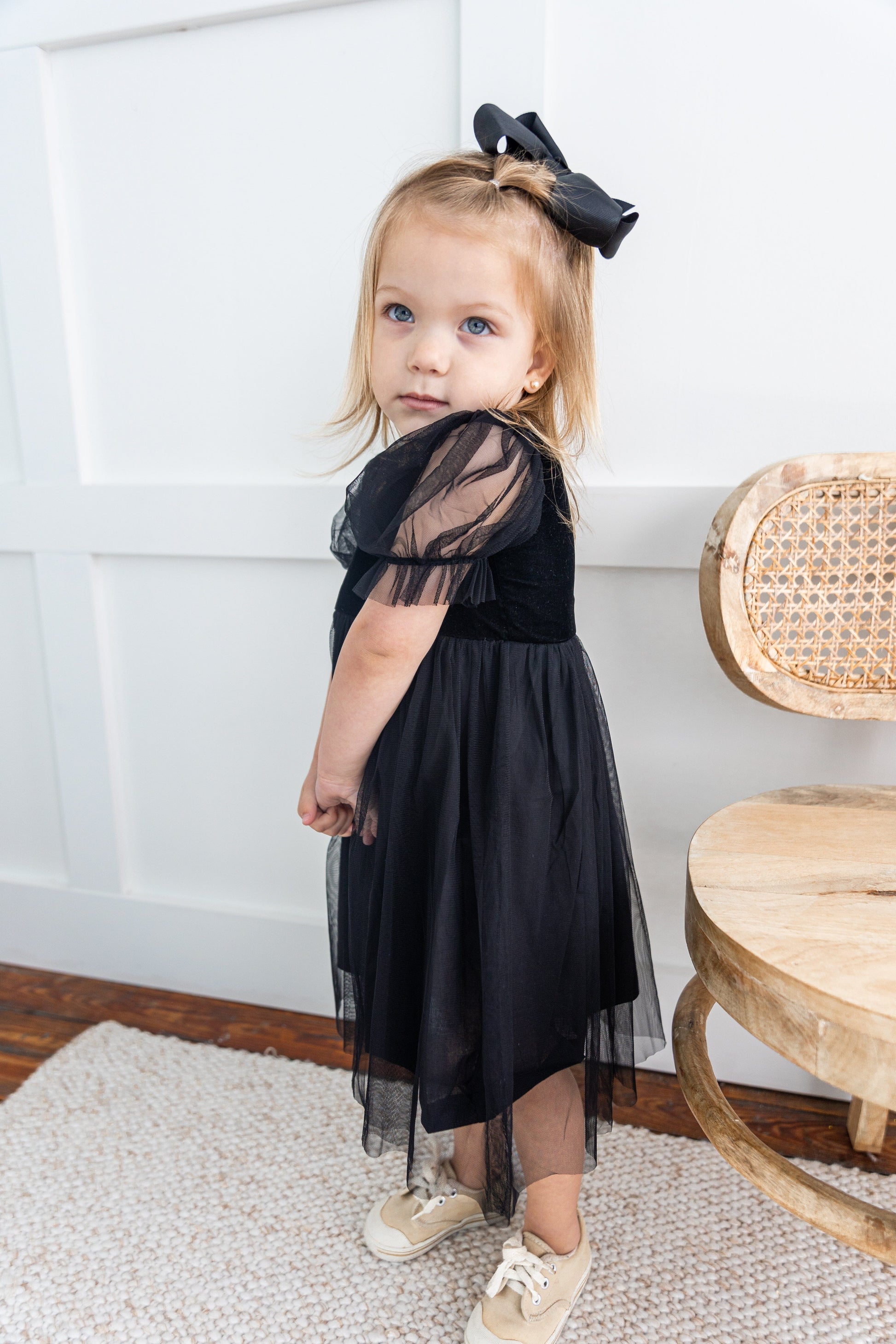 Black Tulle Solid Color Puff Sleeves Gathered Dress dress & diaper cover DRESS Yo Baby India
