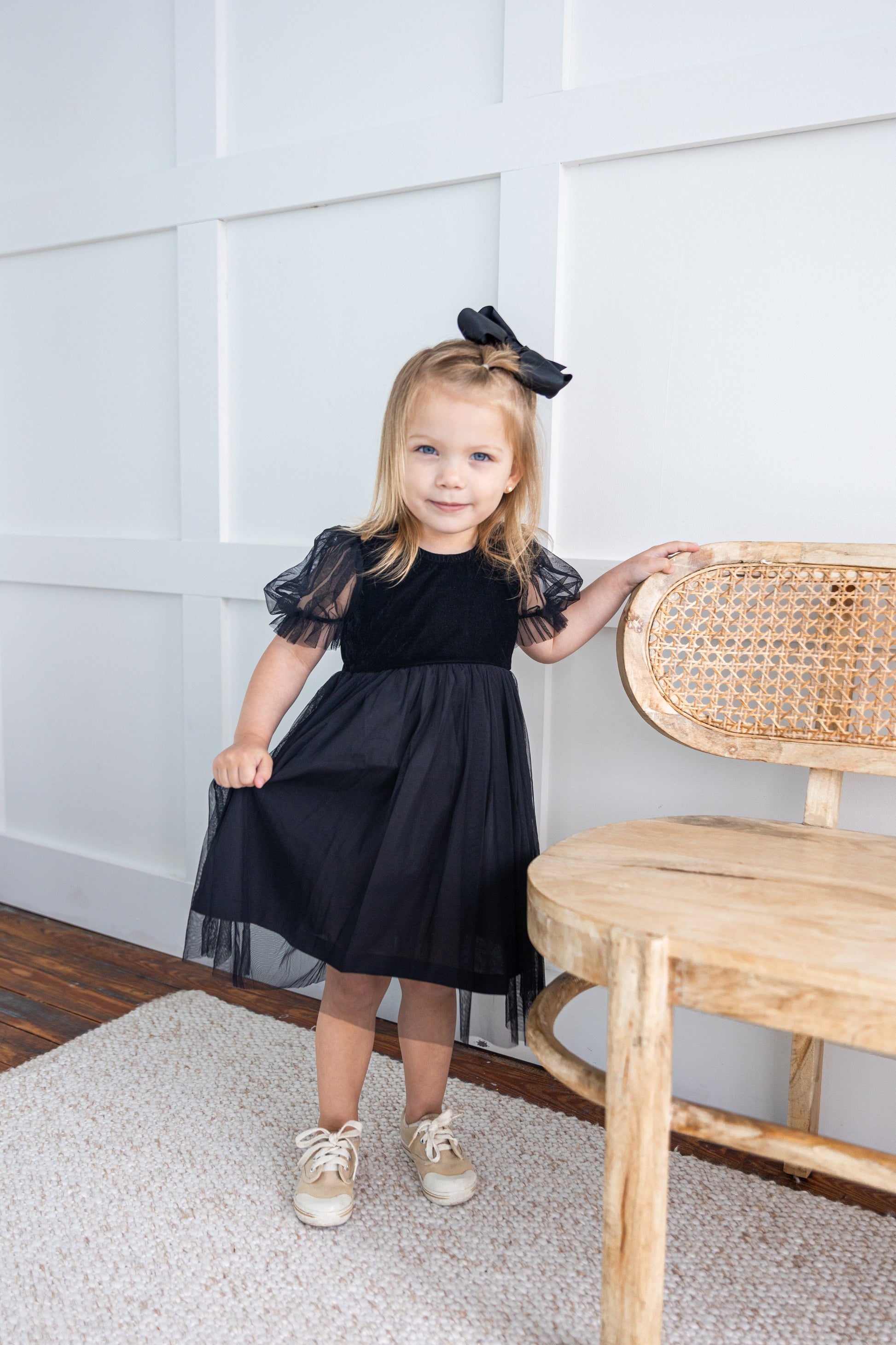 Black Tulle Solid Color Puff Sleeves Gathered Dress dress & diaper cover DRESS Yo Baby India