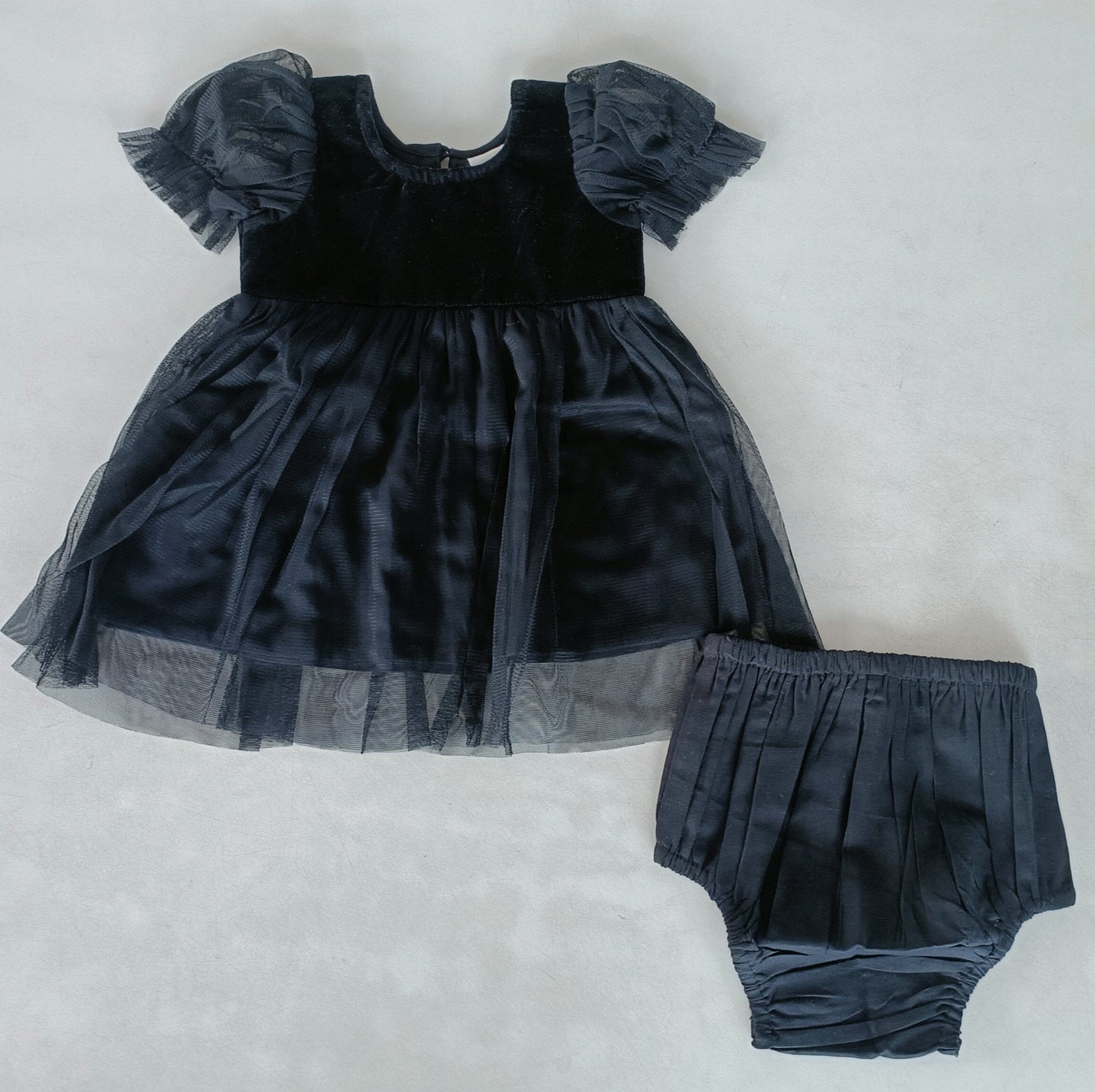 Black Tulle Solid Color Puff Sleeves Gathered Dress dress & diaper cover DRESS Yo Baby India