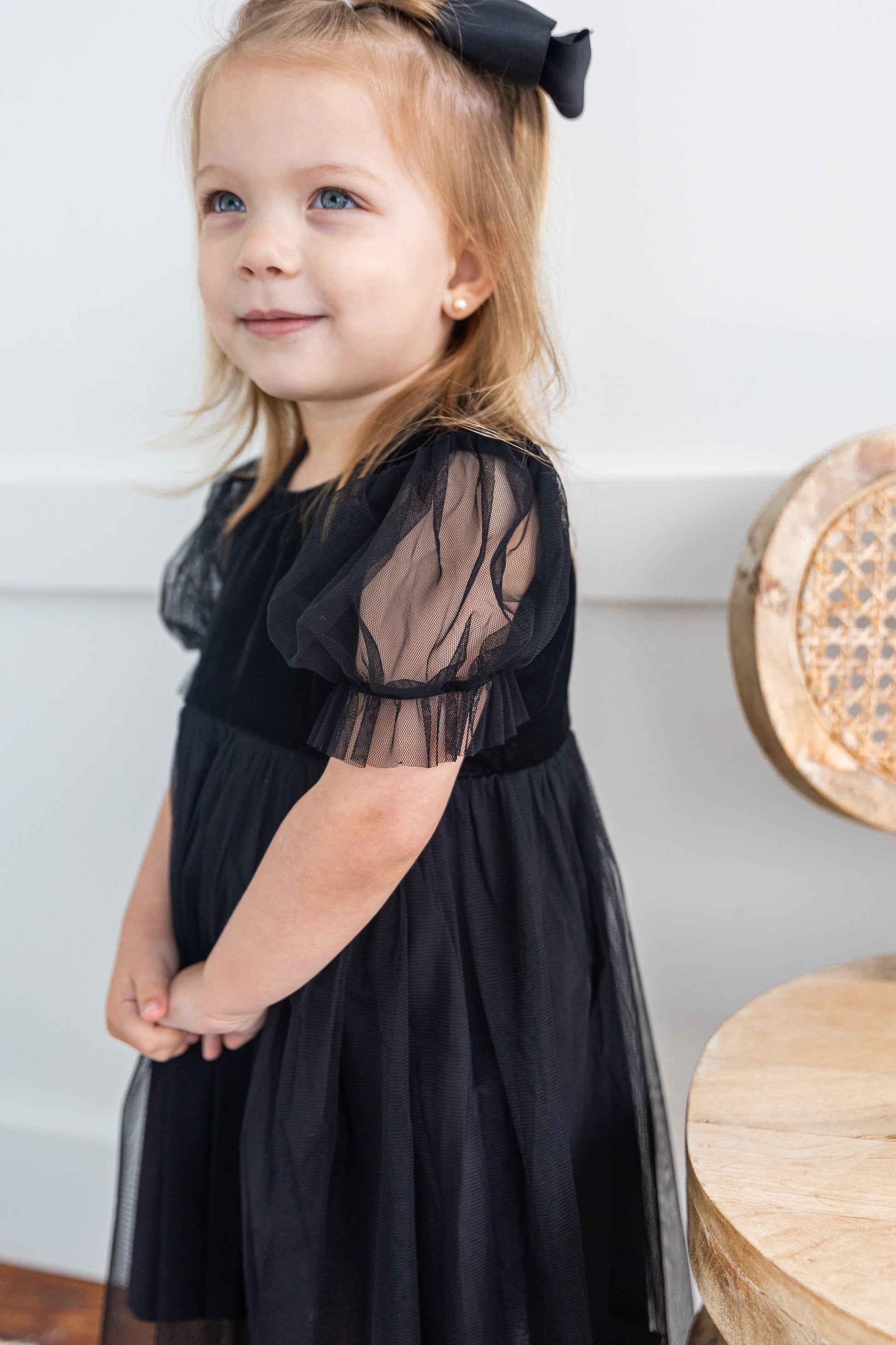 Black Tulle Solid Color Puff Sleeves Gathered Dress dress & diaper cover DRESS Yo Baby India