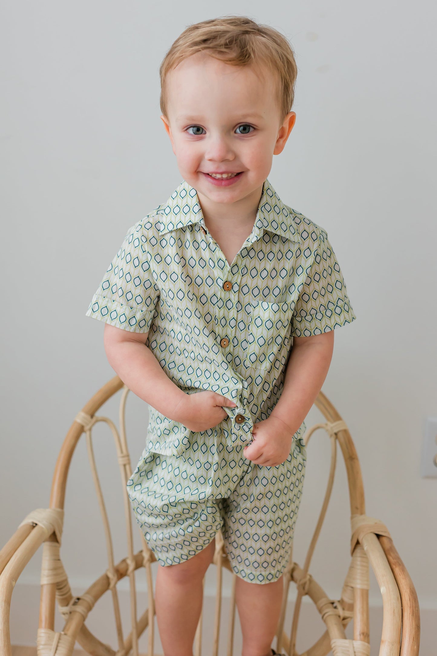 Blue & Sage Geometrical Print Boys Shirt & Shorts set Shirt-Shorts Yo Baby India