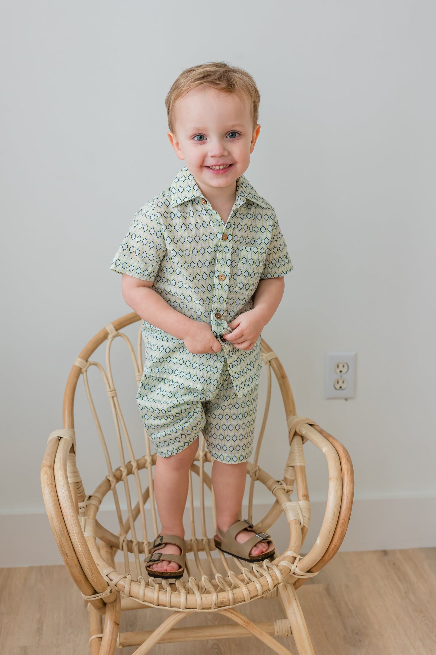 Blue & Sage Geometrical Print Boys Shirt & Shorts set Shirt-Shorts Yo Baby India