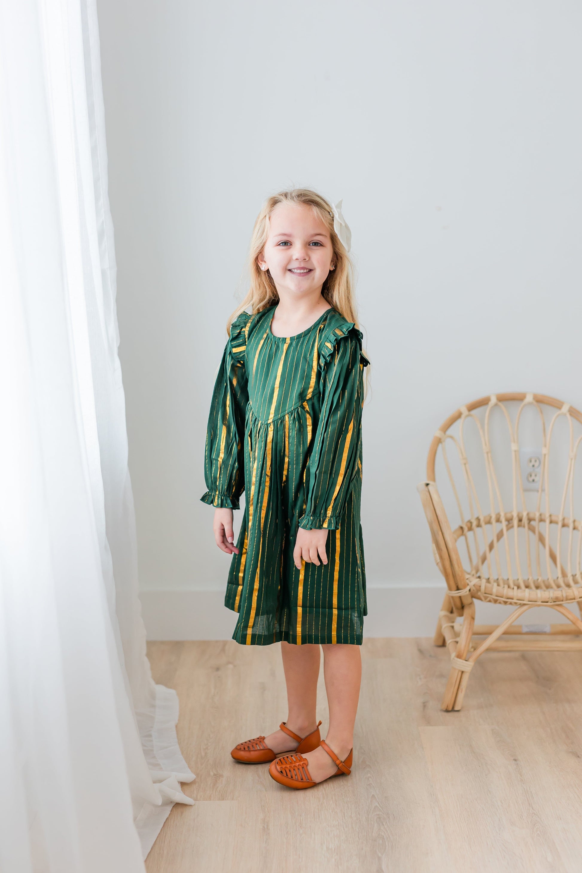 Bottle Green Solid Color Gold Lurex Long Sleeve Gathered Dress dress & diaper cover Yo Baby India