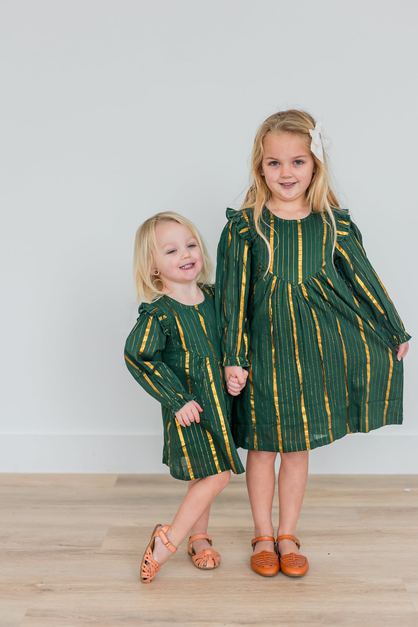 Bottle Green Solid Color Gold Lurex Long Sleeve Gathered Dress dress & diaper cover Yo Baby India