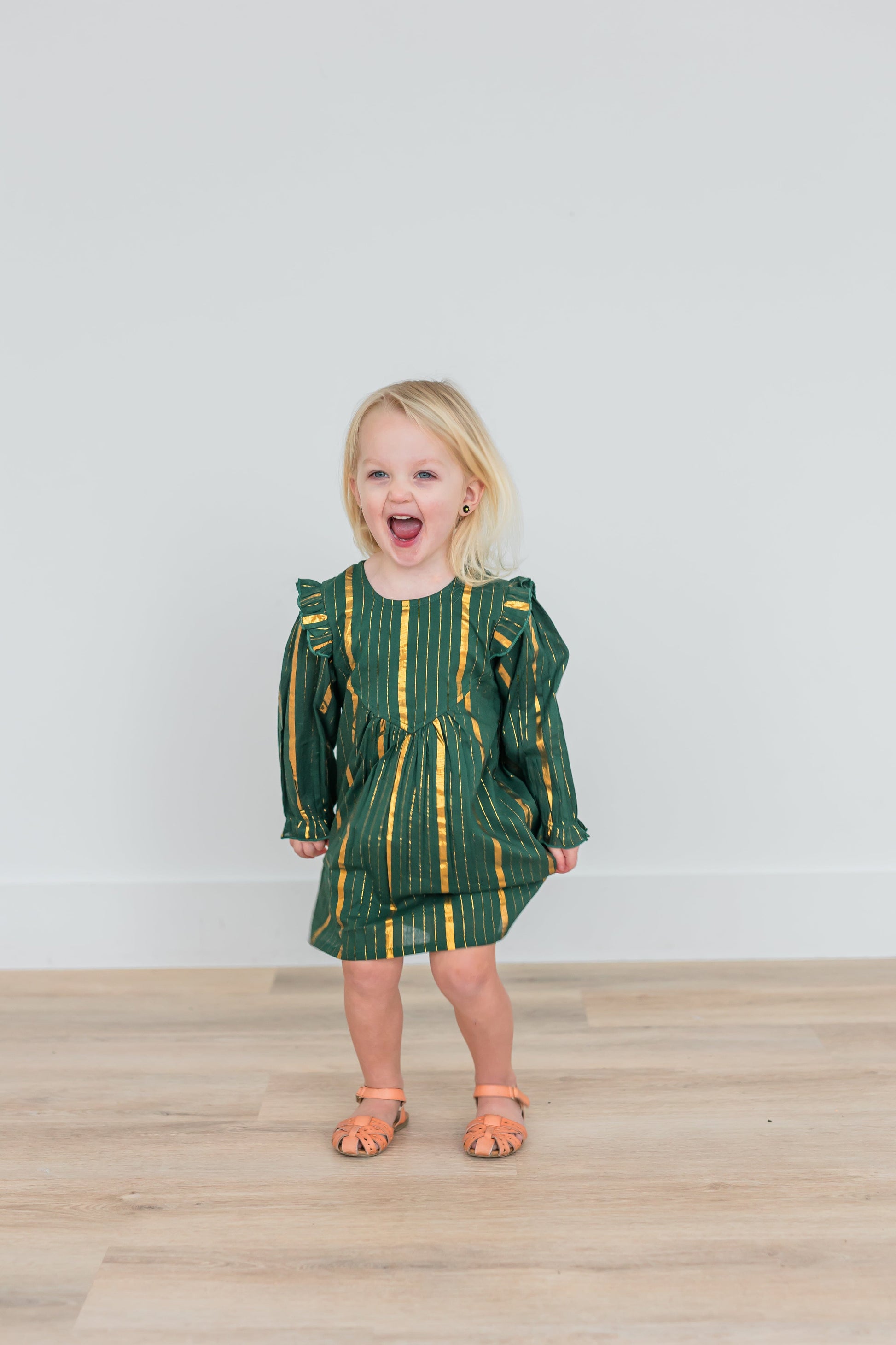 Bottle Green Solid Color Gold Lurex Long Sleeve Gathered Dress dress & diaper cover Yo Baby India