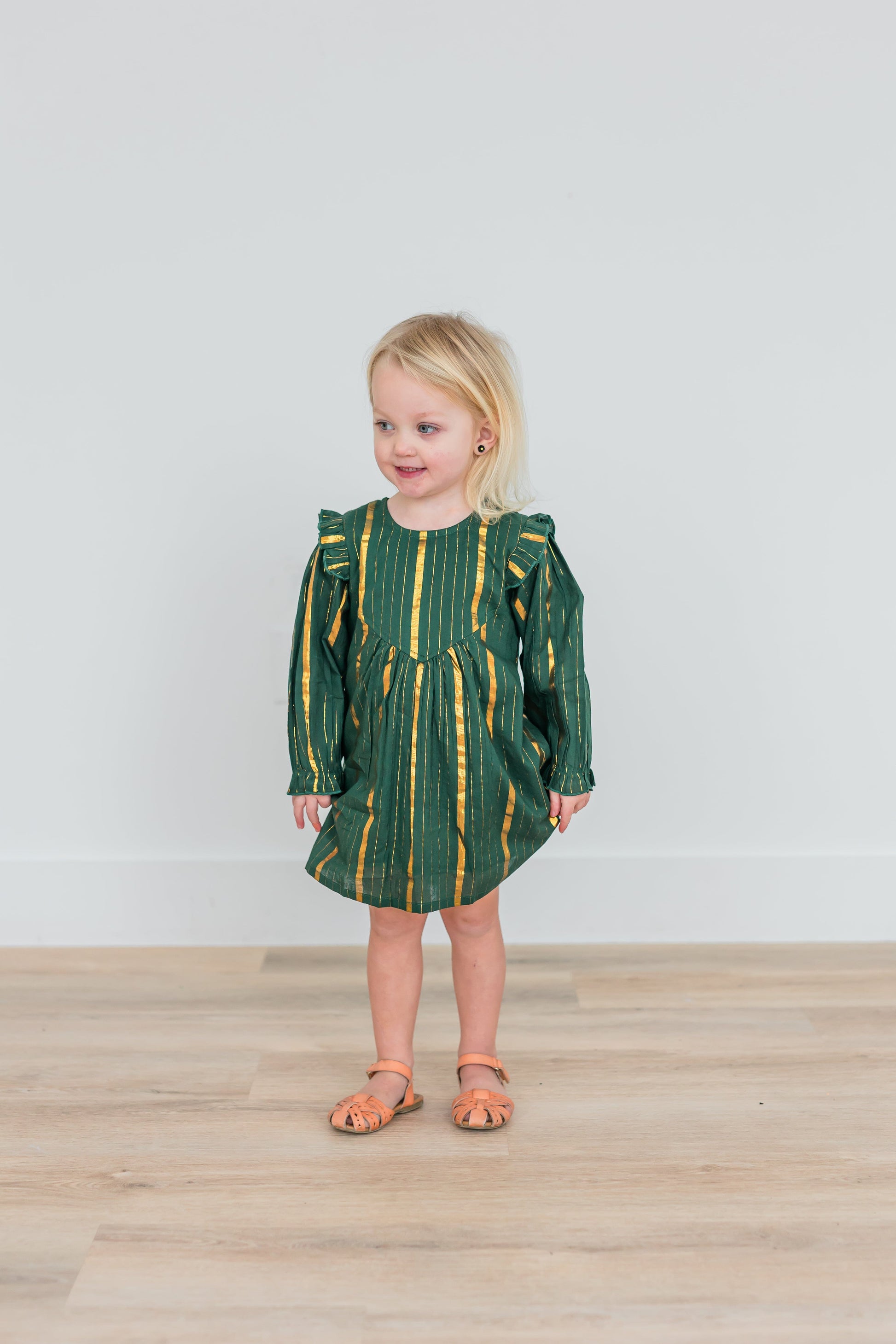 Bottle Green Solid Color Gold Lurex Long Sleeve Gathered Dress dress & diaper cover Yo Baby India