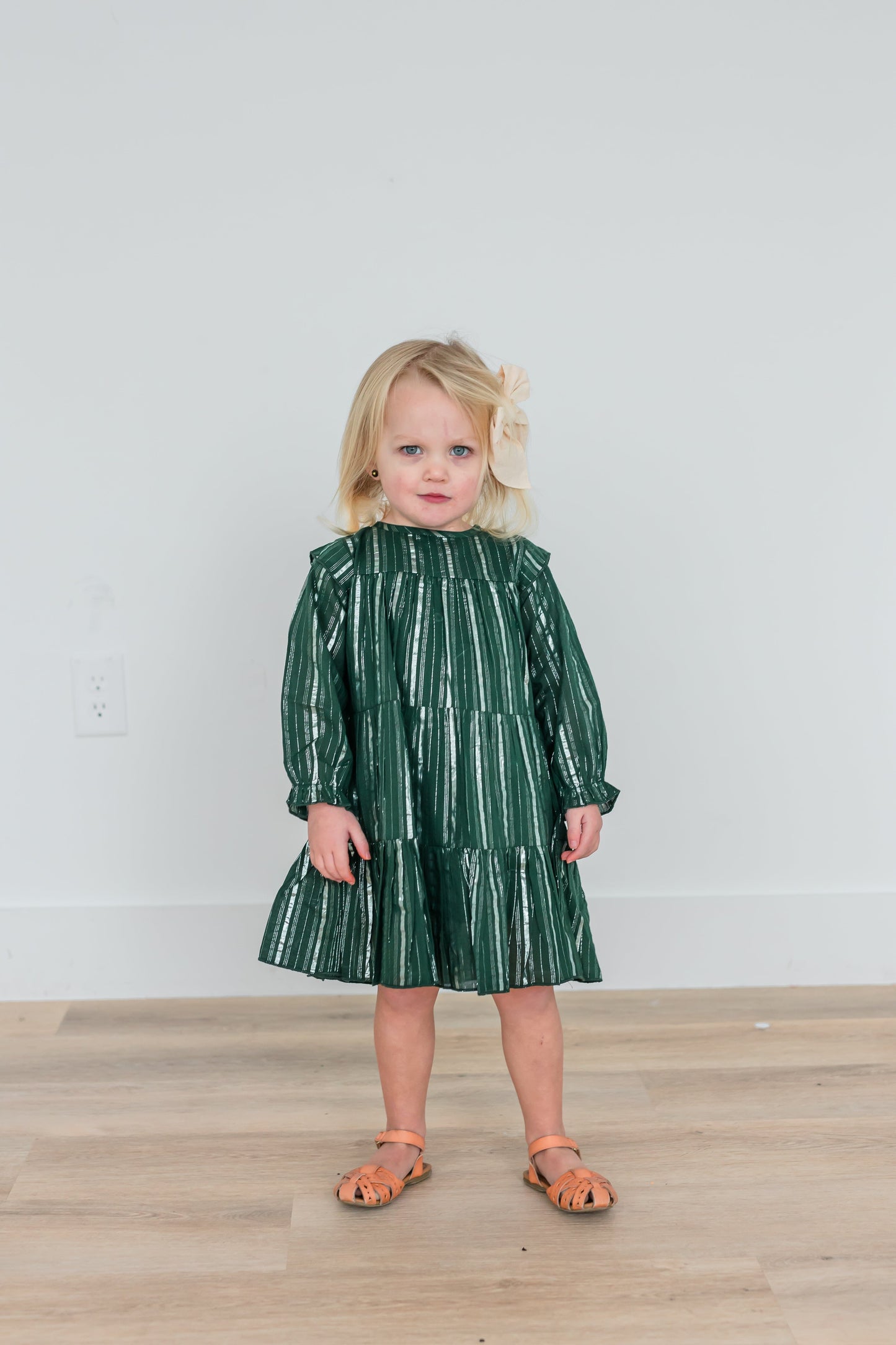 Bottle Green Solid Color Silver Lurex Tiered Long Sleeve Dress dress & diaper cover Yo Baby India