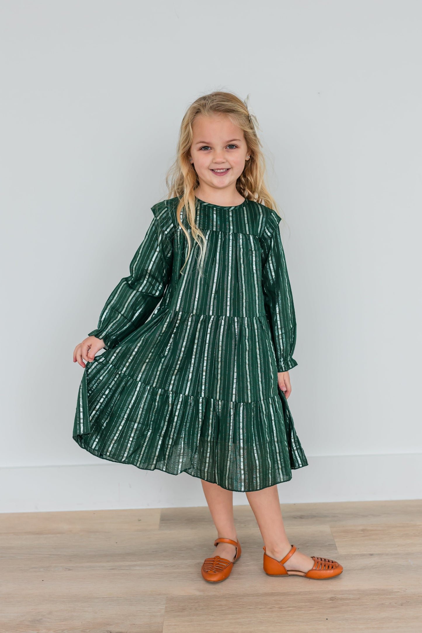 Bottle Green Solid Color Silver Lurex Tiered Long Sleeve Dress dress & diaper cover Yo Baby India