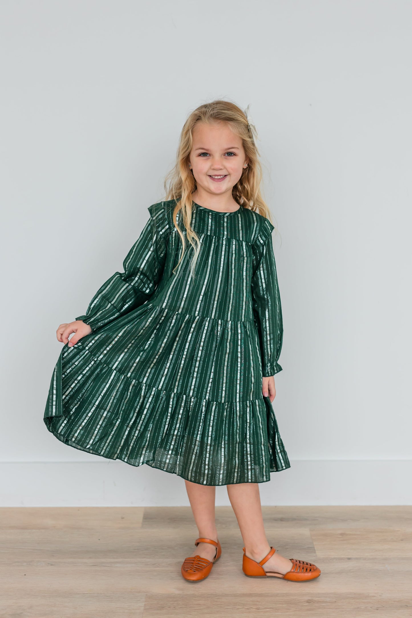 Bottle Green Solid Color Silver Lurex Tiered Long Sleeve Dress dress & diaper cover Yo Baby India