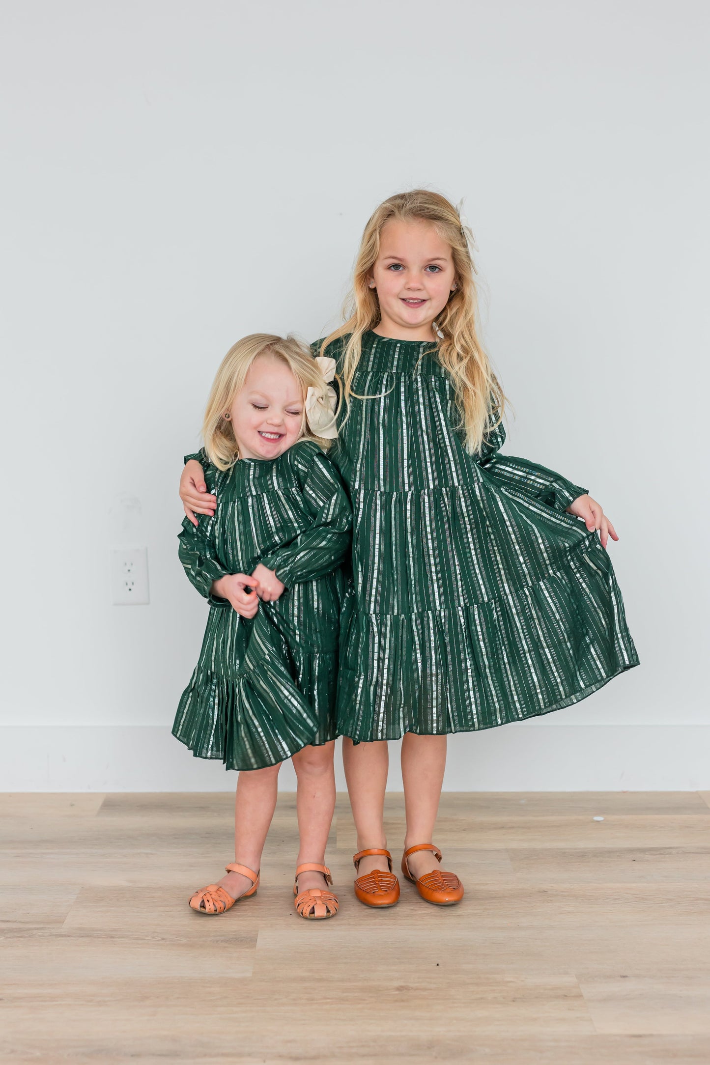 Bottle Green Solid Color Silver Lurex Tiered Long Sleeve Dress dress & diaper cover Yo Baby India
