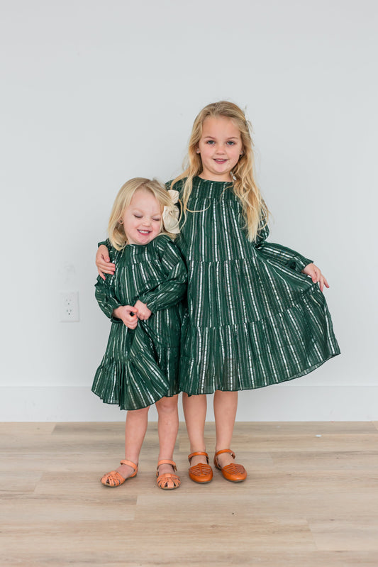 Bottle Green Solid Color Silver Lurex Tiered Long Sleeve Dress dress & diaper cover Yo Baby India