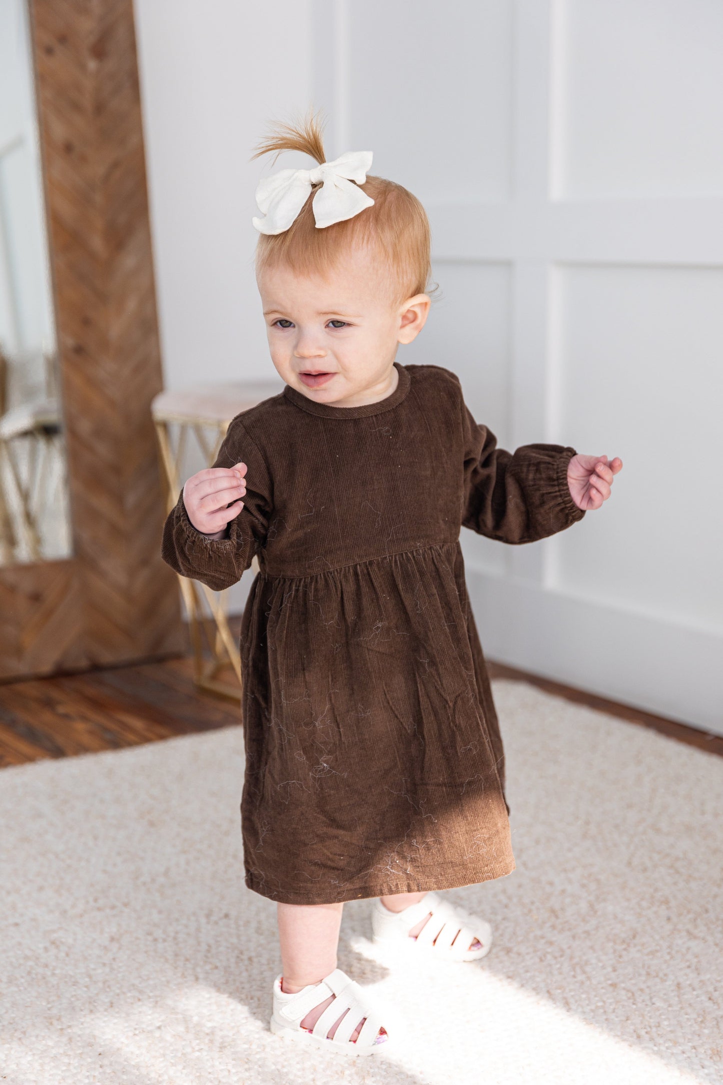 Brown Corduroy Solid Color Long Sleeves Gathered Dress dress & diaper cover DRESS Yo Baby India