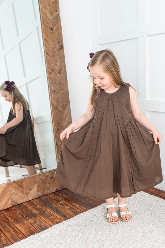 Brown Solid Color Pintuck Gathered Dress dress & diaper cover Yo Baby India