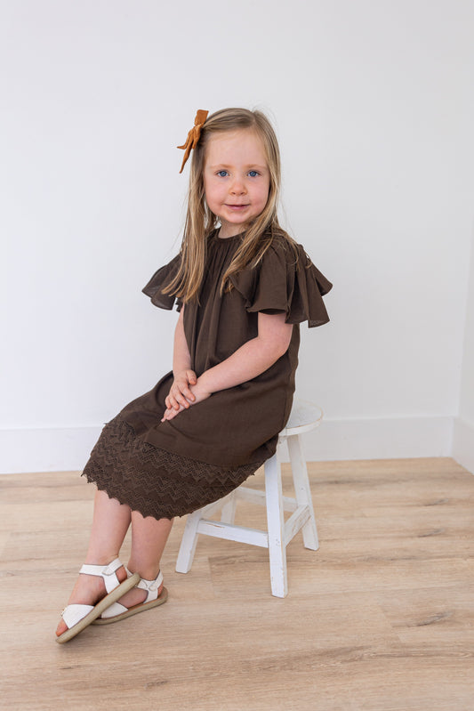 Brown Solid Color Sleeve & Neck Gathered Dress dress & diaper cover DRESS Yo Baby India
