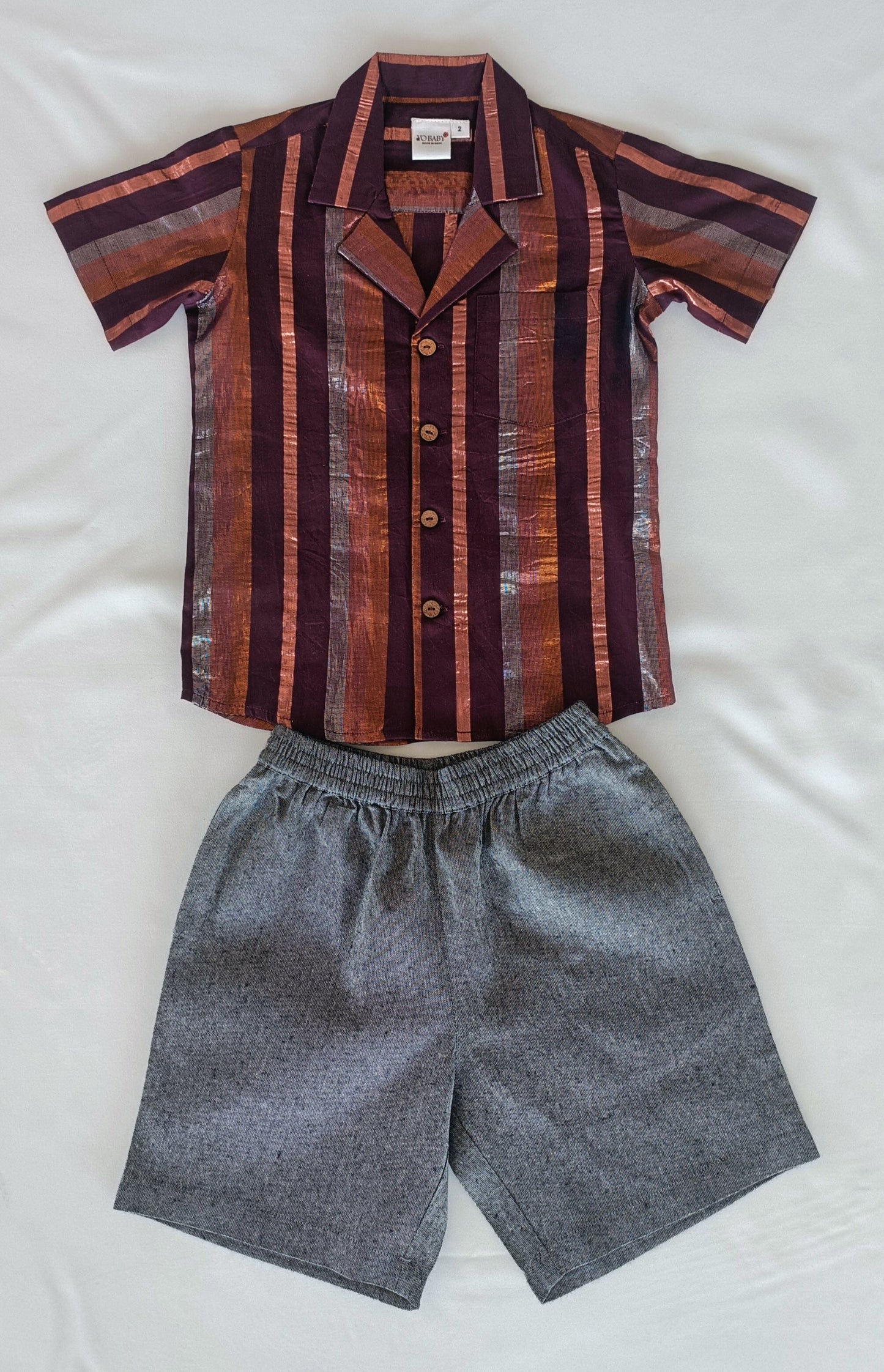 Burgundy Multi Color Lurex Boys Shirt & Black Chambray Shorts set shirt & shorts Yo Baby India