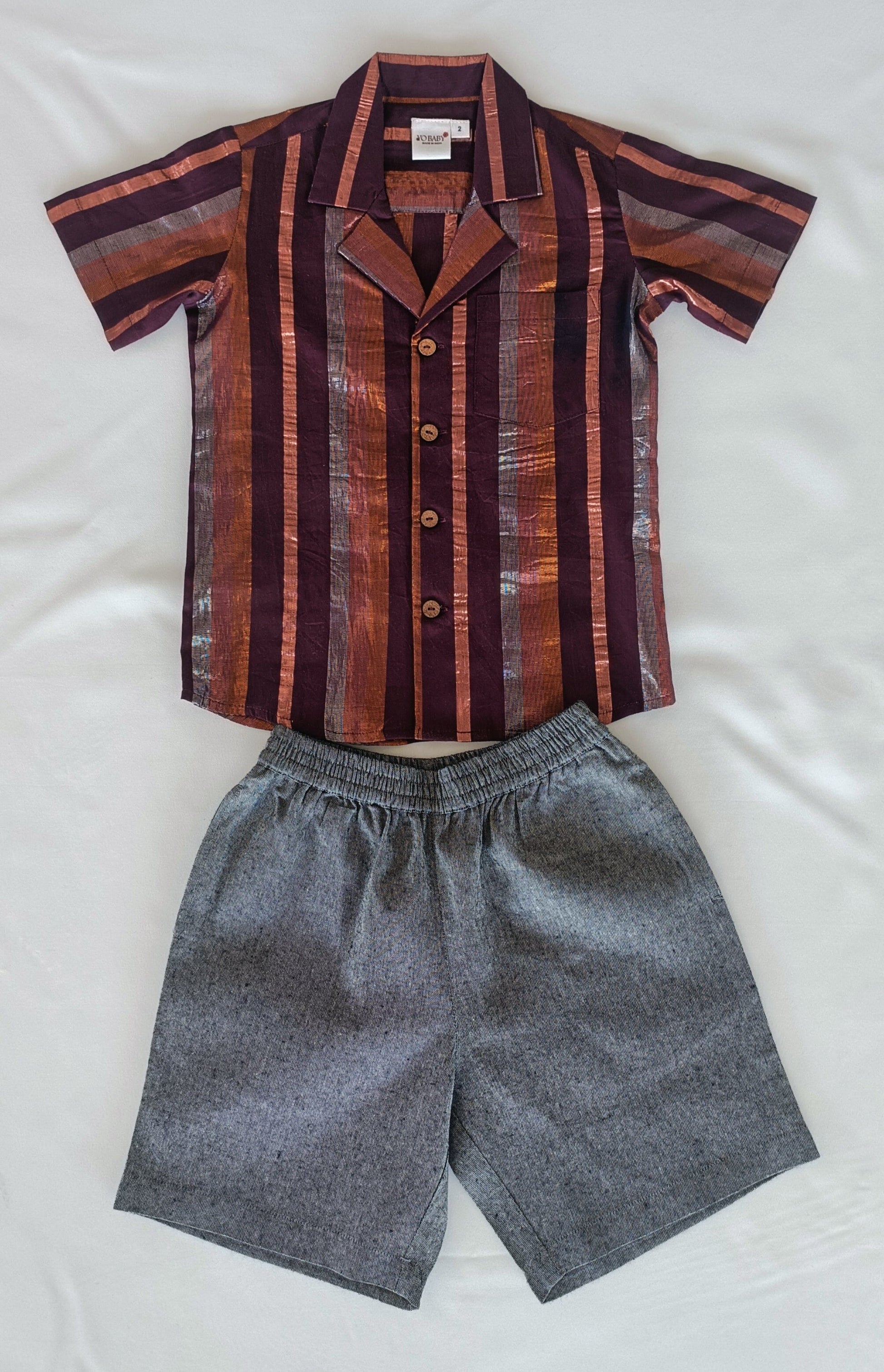 Burgundy Multi Color Lurex Boys Shirt & Black Chambray Shorts set shirt & shorts Yo Baby India