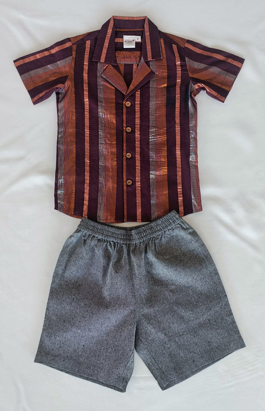 Burgundy Multi Color Lurex Boys Shirt & Black Chambray Shorts set shirt & shorts Yo Baby India
