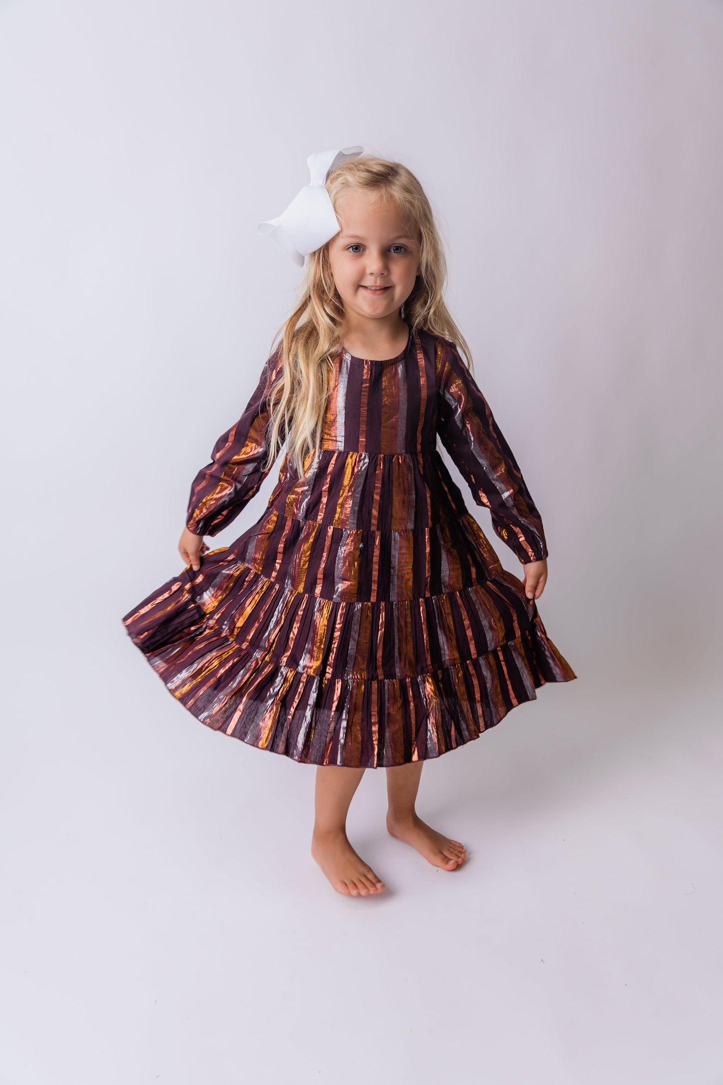 Burgundy Solid Color Multi Lurex Tiered Long Sleeve Dress dress & diaper cover, DRESS Yo Baby India