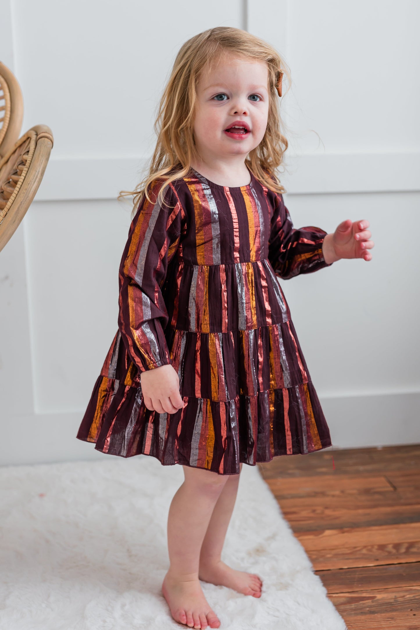 Burgundy Solid Color Multi Lurex Tiered Long Sleeve Dress dress & diaper cover, DRESS Yo Baby India