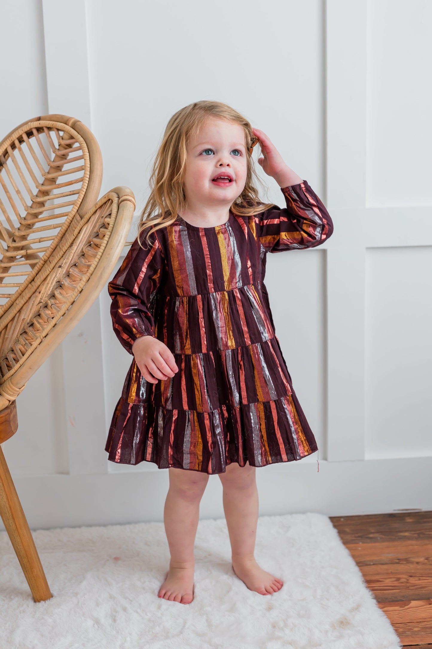 Burgundy Solid Color Multi Lurex Tiered Long Sleeve Dress dress & diaper cover, DRESS Yo Baby India