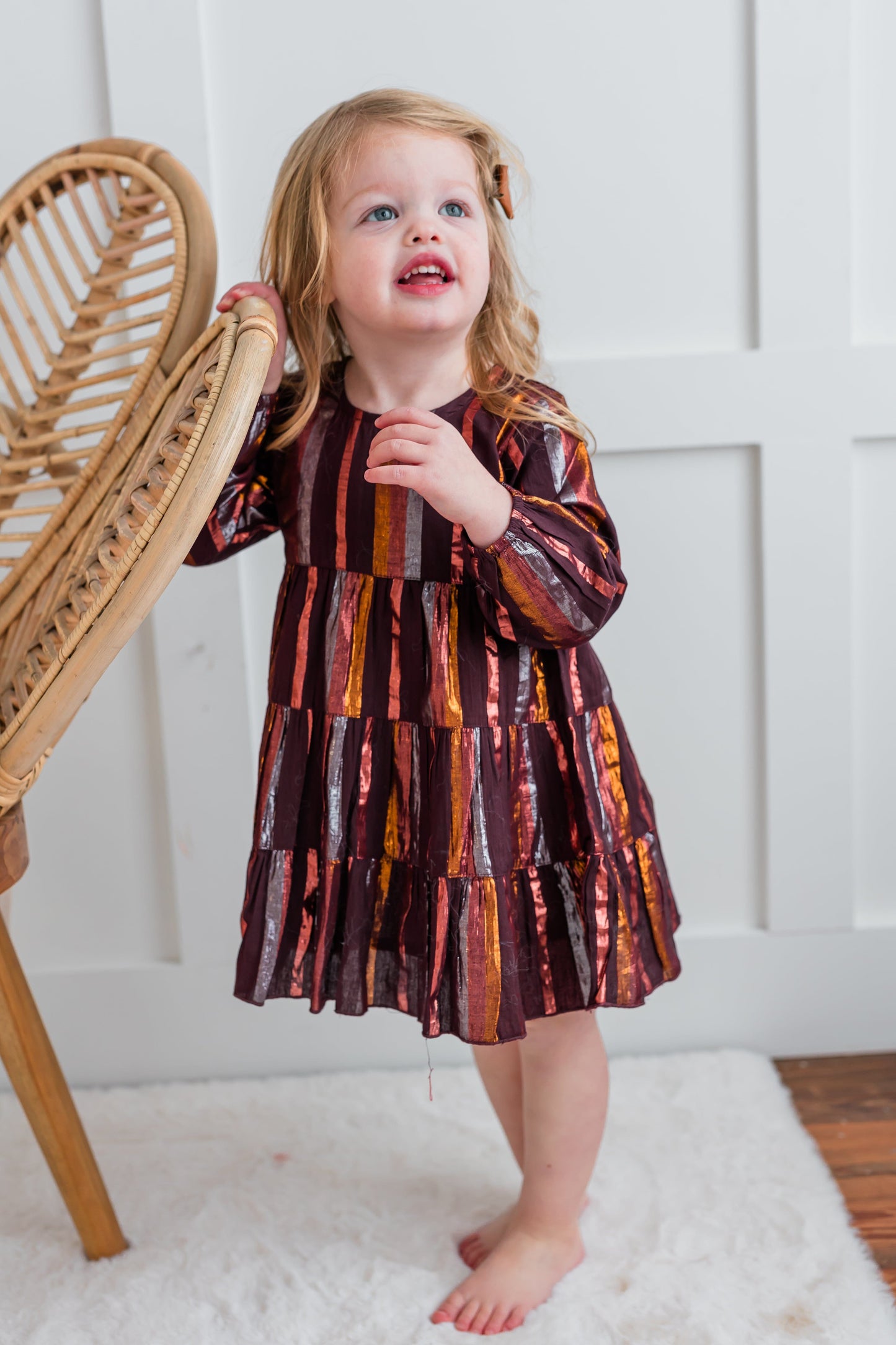 Burgundy Solid Color Multi Lurex Tiered Long Sleeve Dress dress & diaper cover, DRESS Yo Baby India