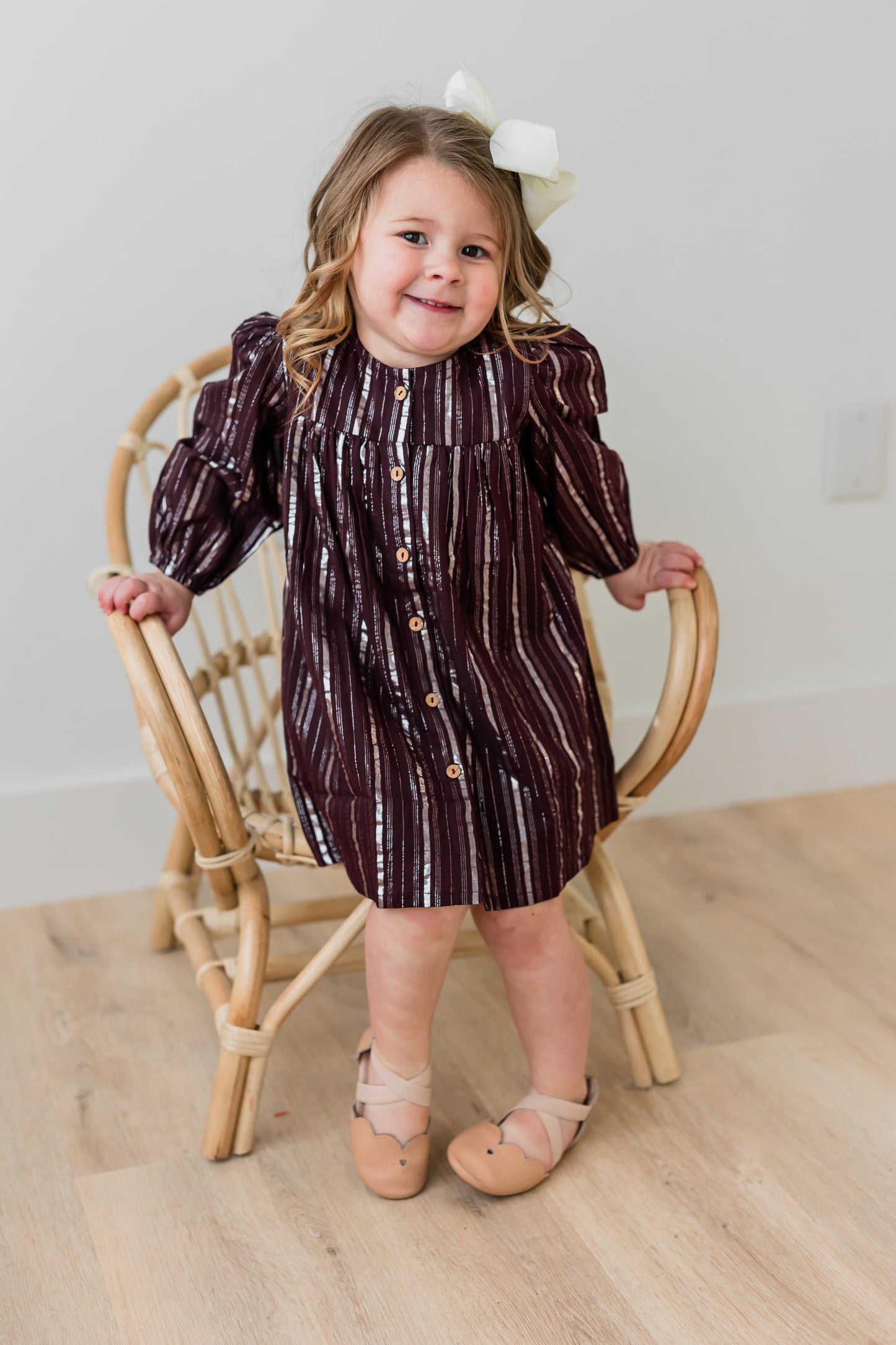 Burgundy Solid Color Silver Lurex Gathered Long Sleeve Dress dress & diaper cover Yo Baby India