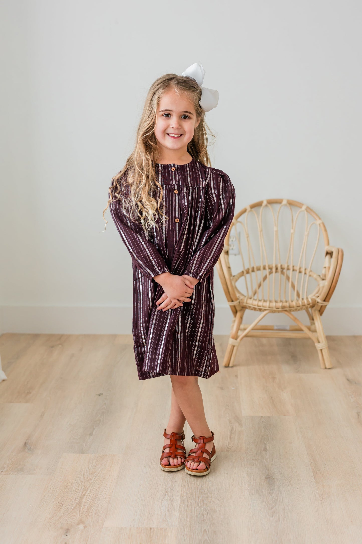 Burgundy Solid Color Silver Lurex Gathered Long Sleeve Dress dress & diaper cover Yo Baby India