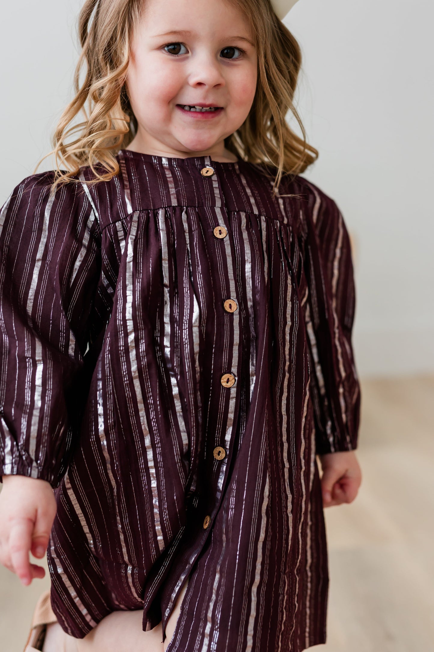 Burgundy Solid Color Silver Lurex Gathered Long Sleeve Dress dress & diaper cover Yo Baby India