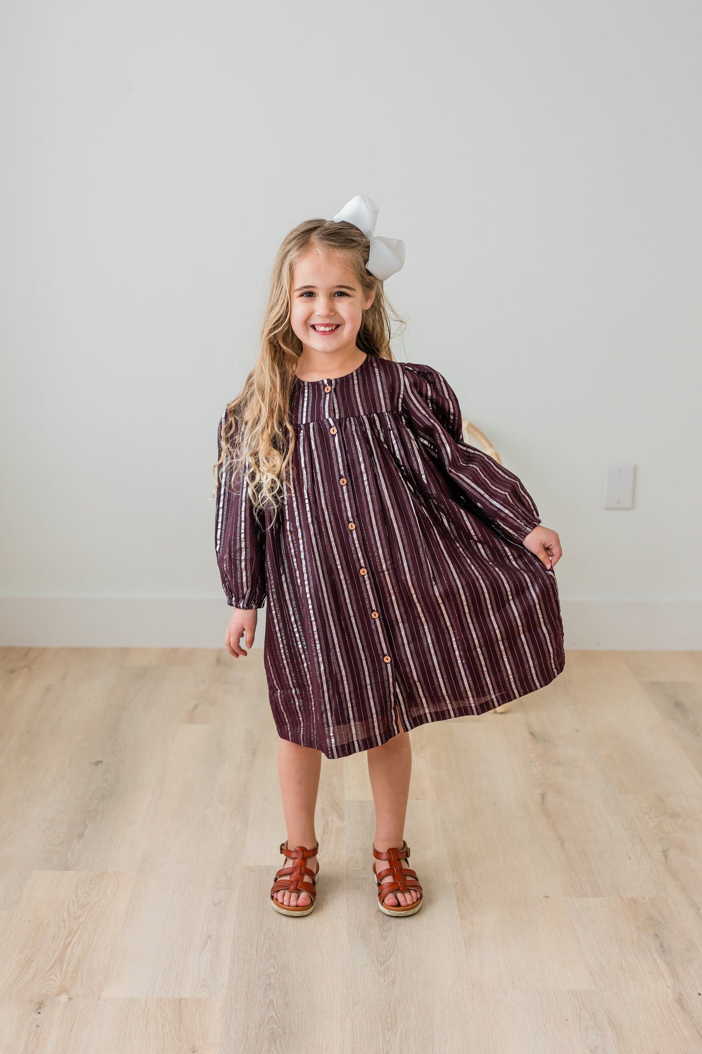 Burgundy Solid Color Silver Lurex Gathered Long Sleeve Dress dress & diaper cover Yo Baby India