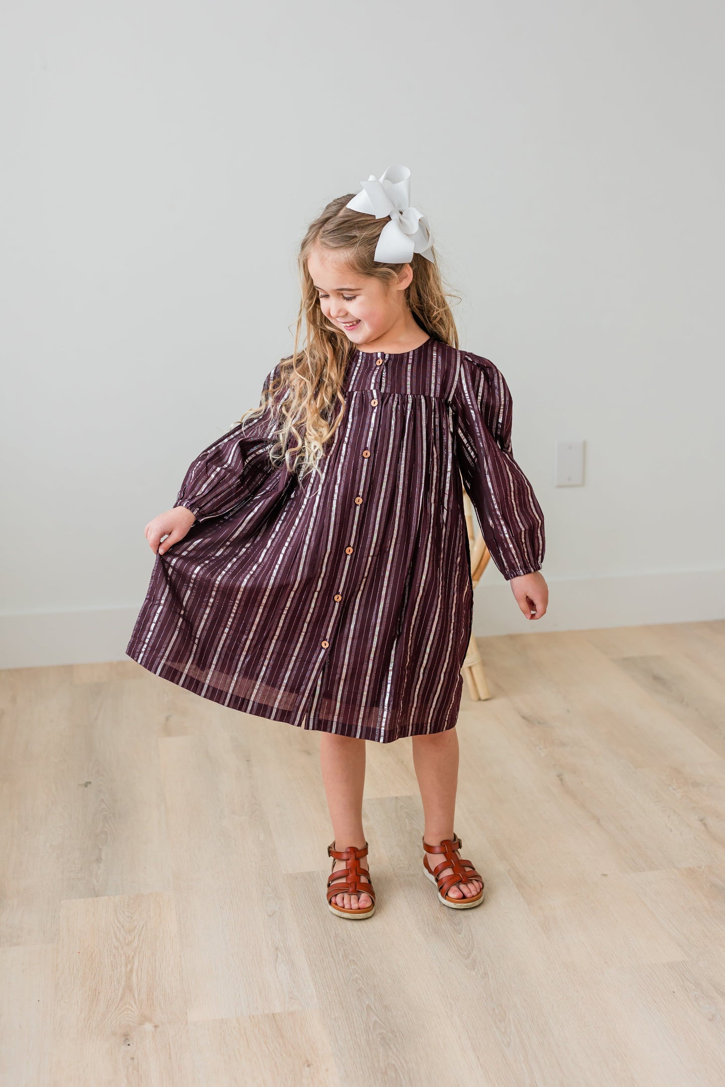 Burgundy Solid Color Silver Lurex Gathered Long Sleeve Dress dress & diaper cover Yo Baby India