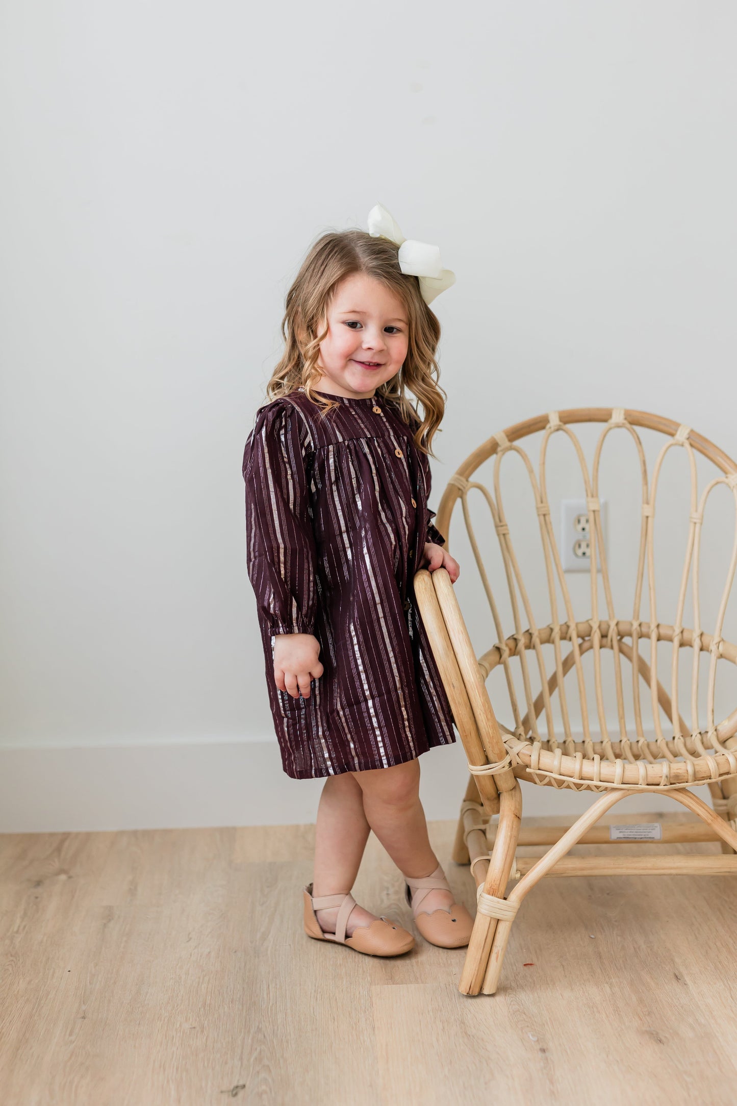 Burgundy Solid Color Silver Lurex Gathered Long Sleeve Dress dress & diaper cover Yo Baby India