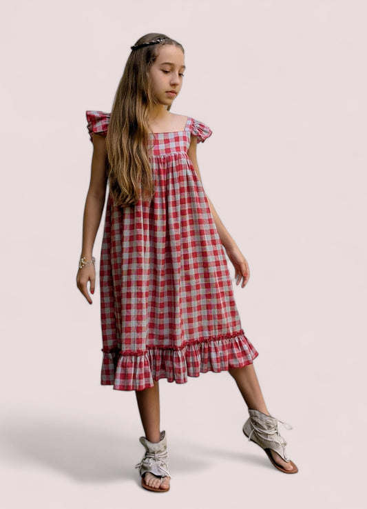 Cotton Red Checked Ruffled Sleeve Dress DRESS Yo Baby India